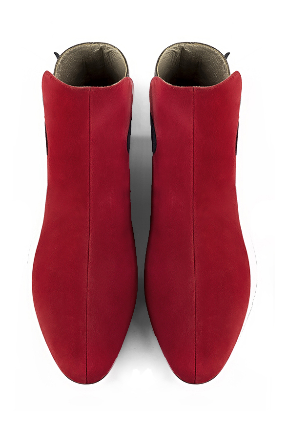 Cardinal red, taupe brown and navy blue women's ankle boots with buckles at the back. Round toe. Flat block heels. Top view - Florence KOOIJMAN